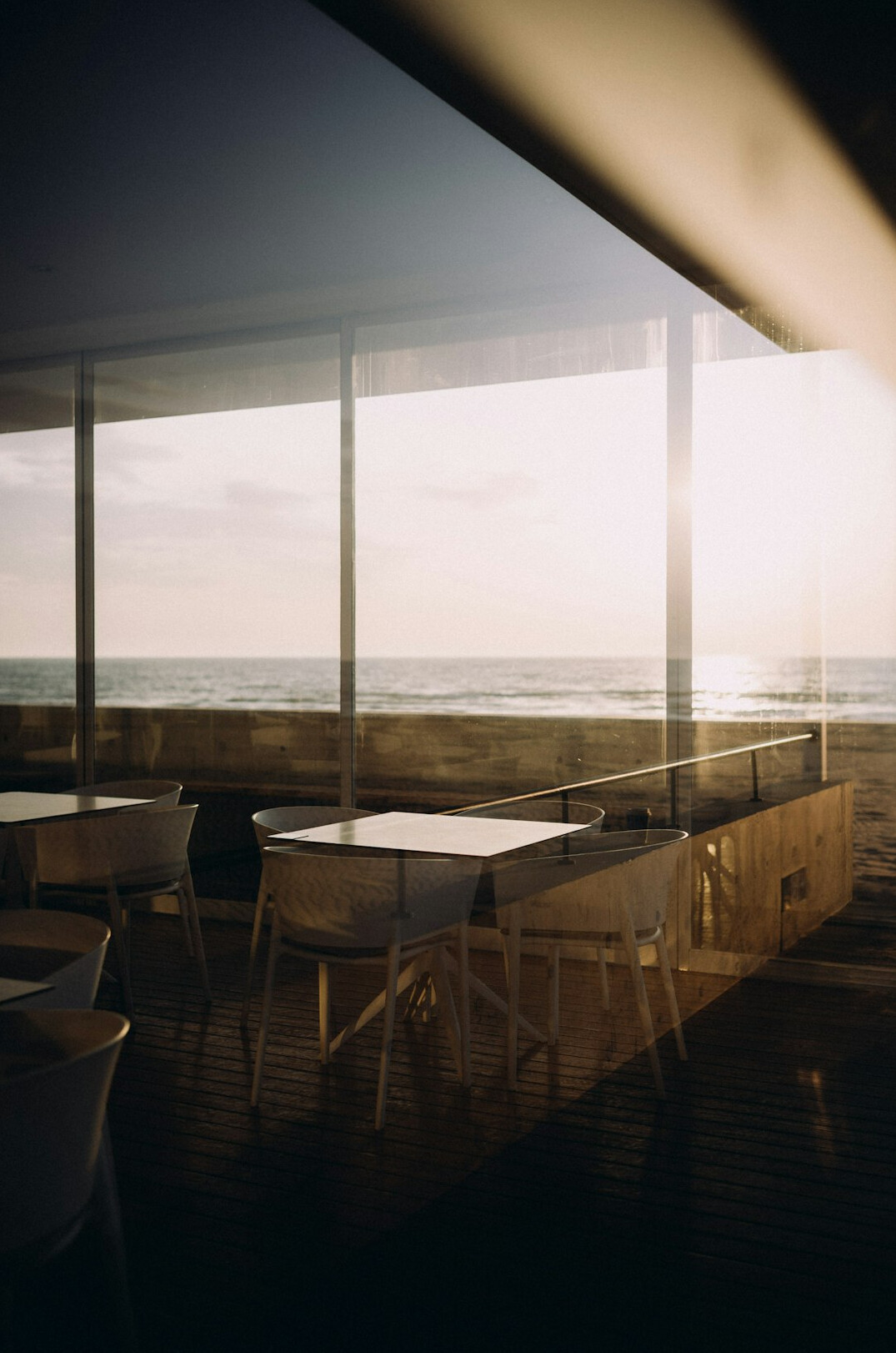 Elegant office interior with ocean view and modern furniture